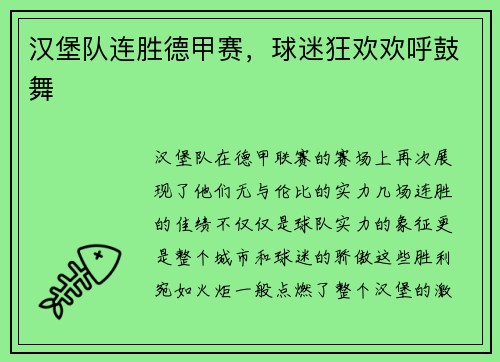 汉堡队连胜德甲赛，球迷狂欢欢呼鼓舞